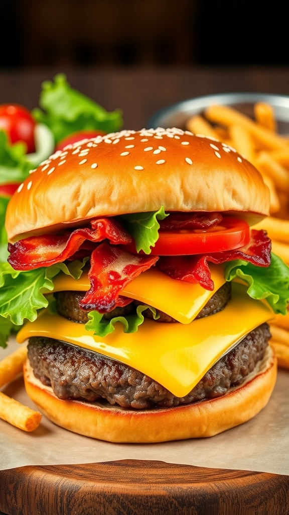 A mouthwatering bacon cheeseburger with a juicy beef patty, cheddar cheese, and crispy bacon on a toasted bun, served with fries.